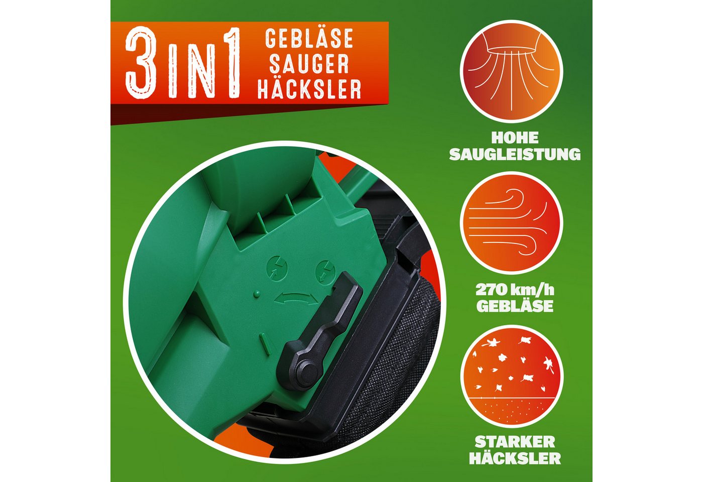 Gardebruk Laubsauger, Elektro 3in1 3000W Schultergurt und Rollen Fangsack 45L Laubbläser – Bild 3 von 5