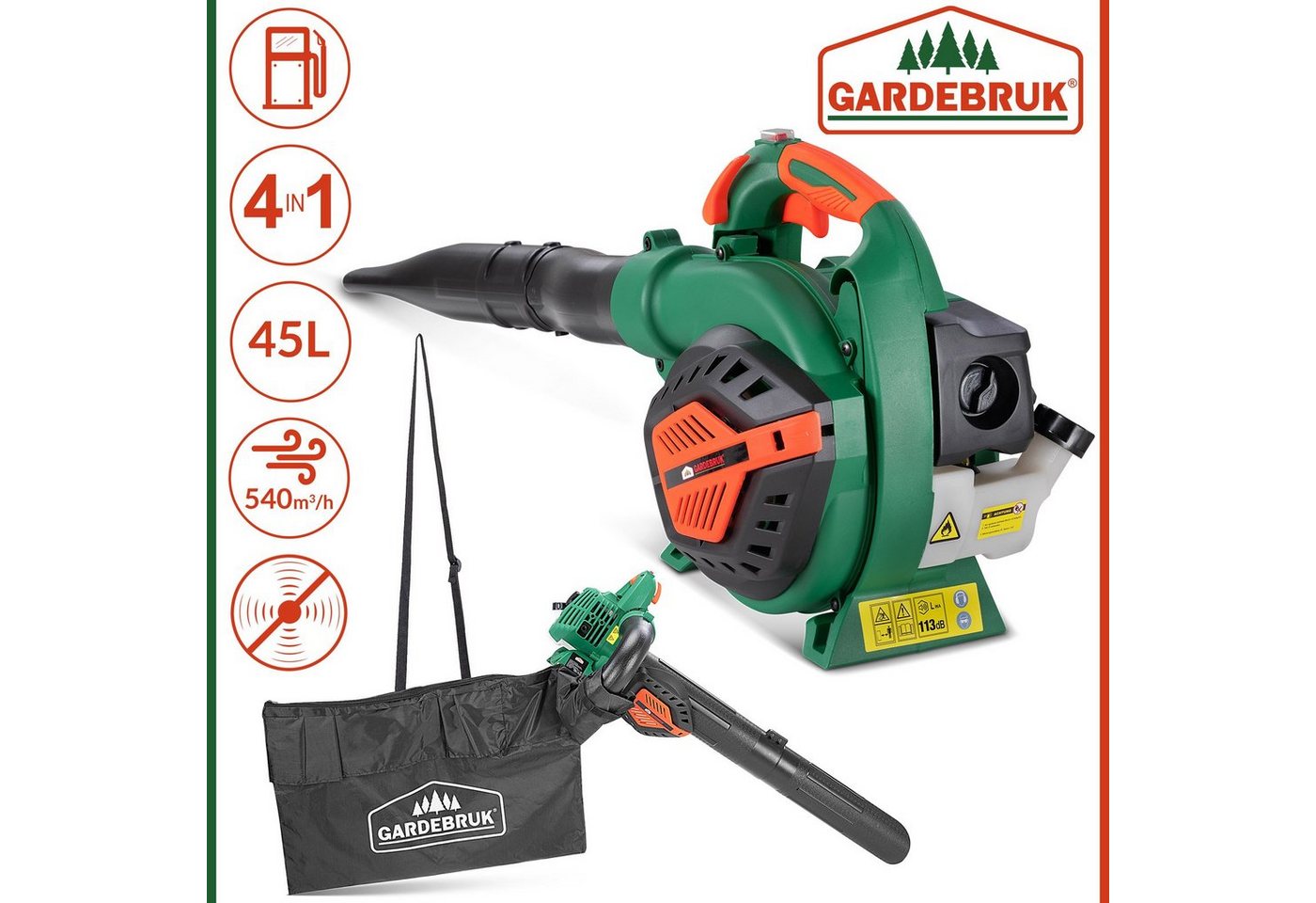 Gardebruk Laubsauger, 4 in 1 Benzin Blasgeschwindigkeit 68m/s Fangsack 45L inkl Werkzeug – Bild 2 von 5
