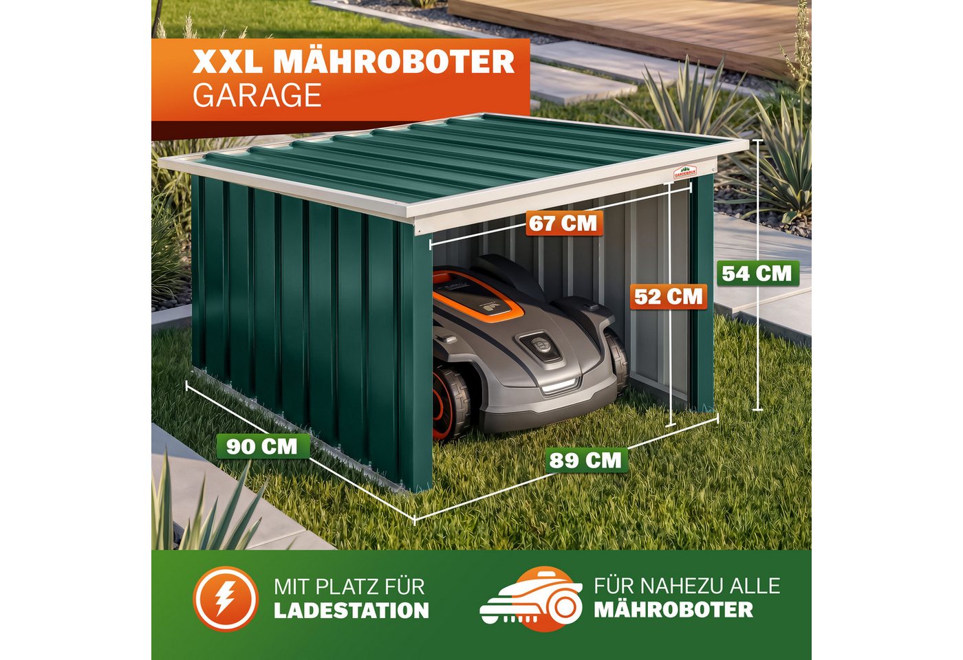 Gardebruk Mähroboter-Garage, Pultdach Metall 89x90x54cm Wetterbeständig Dach klappbar 4x Erdanker – Bild 2 von 5