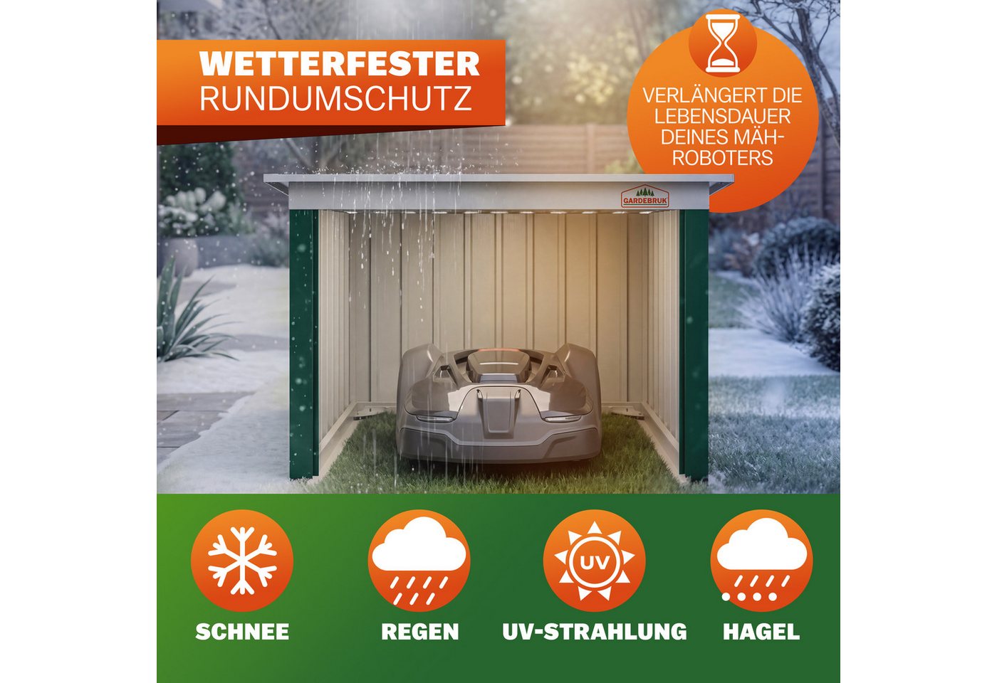 Gardebruk Mähroboter-Garage, Pultdach Metall 89x90x54cm Wetterbeständig Dach klappbar 4x Erdanker – Bild 4 von 5