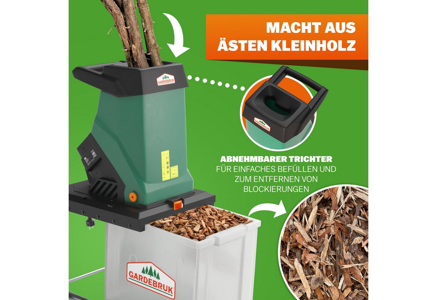 Gardebruk Messerhäcksler, Messerhäcksler 3100 W max. 40 mm Aststärke 50 L Auffangbox – Bild 3 von 5