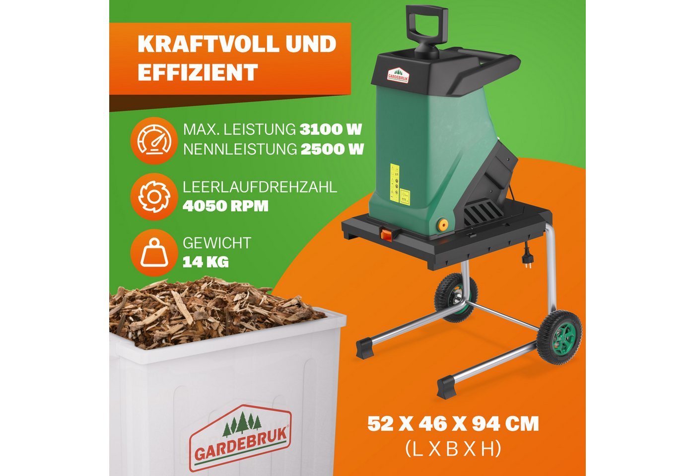 Gardebruk Messerhäcksler, Messerhäcksler 3100 W max. 40 mm Aststärke 50 L Auffangbox – Bild 4 von 5