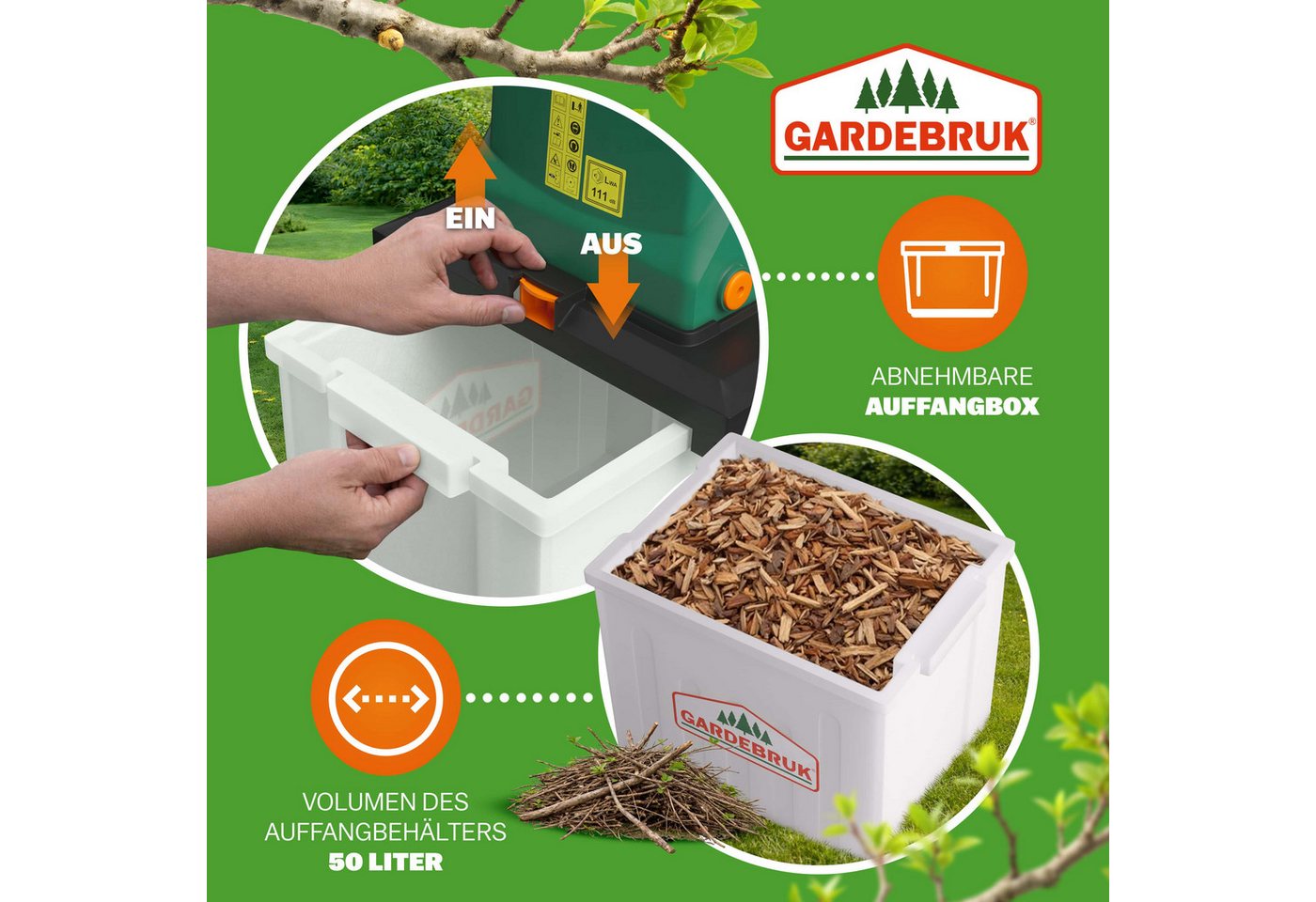 Gardebruk Messerhäcksler, Messerhäcksler 3100 W max. 40 mm Aststärke 50 L Auffangbox – Bild 5 von 5