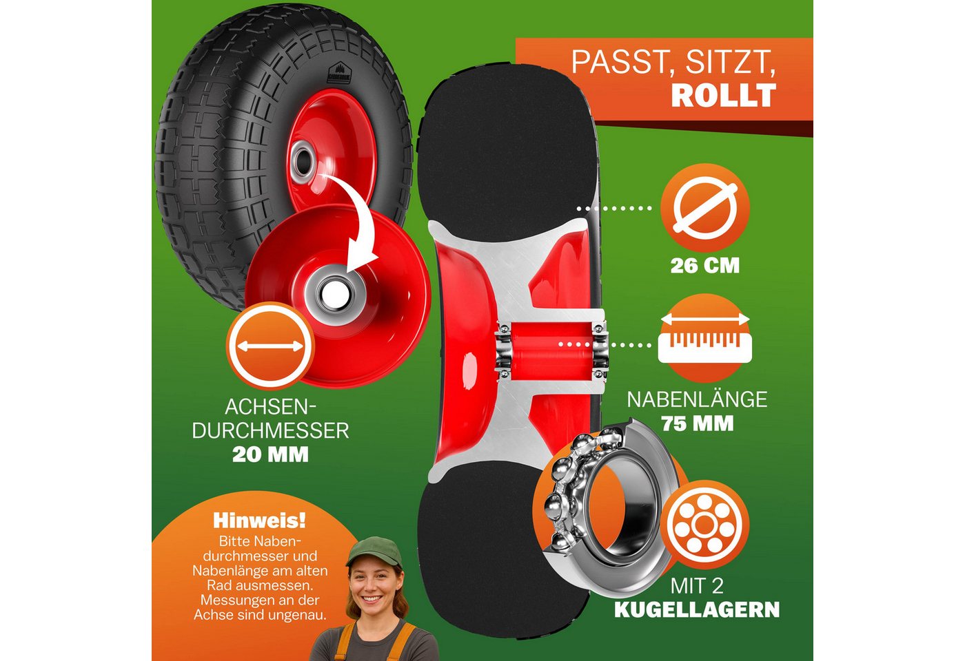 Gardebruk Sackkarre, Sackkarrenrad 2er Set PU Vollgummi Pannensicher 20mm Achse bis 200kg – Bild 3 von 5