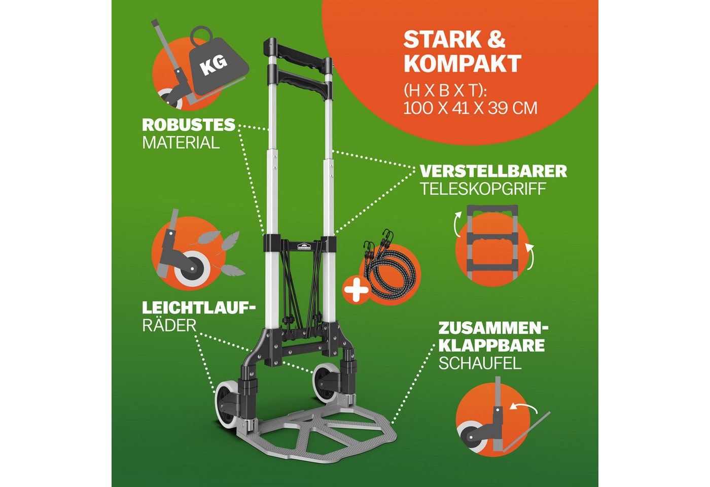 Gardebruk Sackkarre, Aluminium klappbar 80 kg Leichtlauf-Rollen inkl. Handschuhe Transport – Bild 2 von 5
