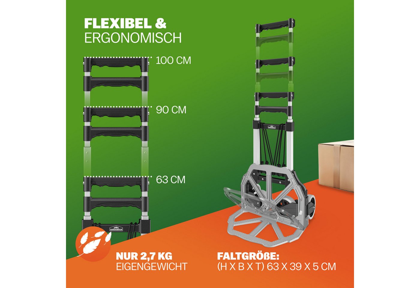 Gardebruk Sackkarre, Aluminium klappbar 80 kg Leichtlauf-Rollen inkl. Handschuhe Transport – Bild 4 von 5