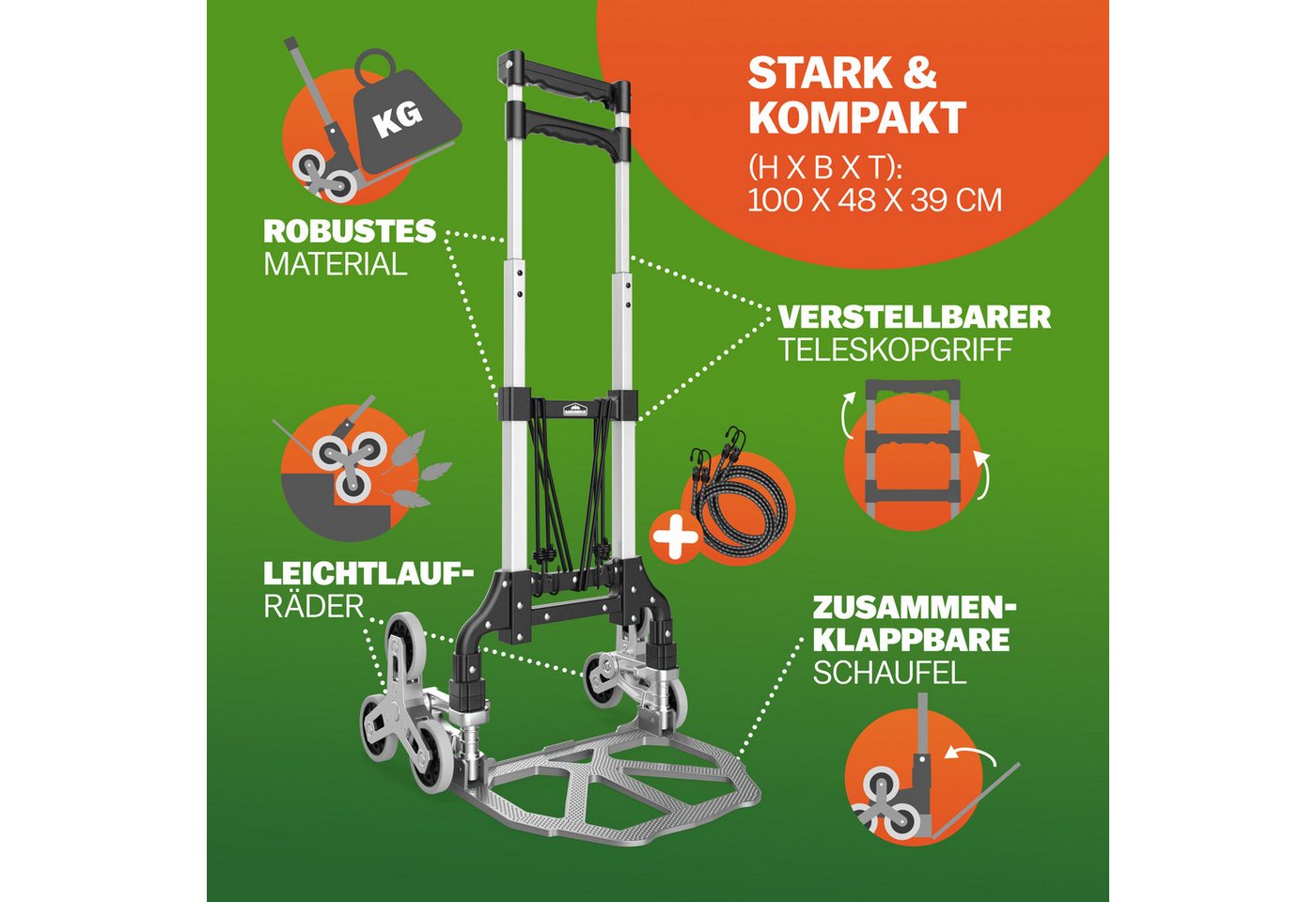 Gardebruk Sackkarre, Aluminium Treppenkarre klappbar 80 kg inkl. Handschuhe Transport – Bild 2 von 5