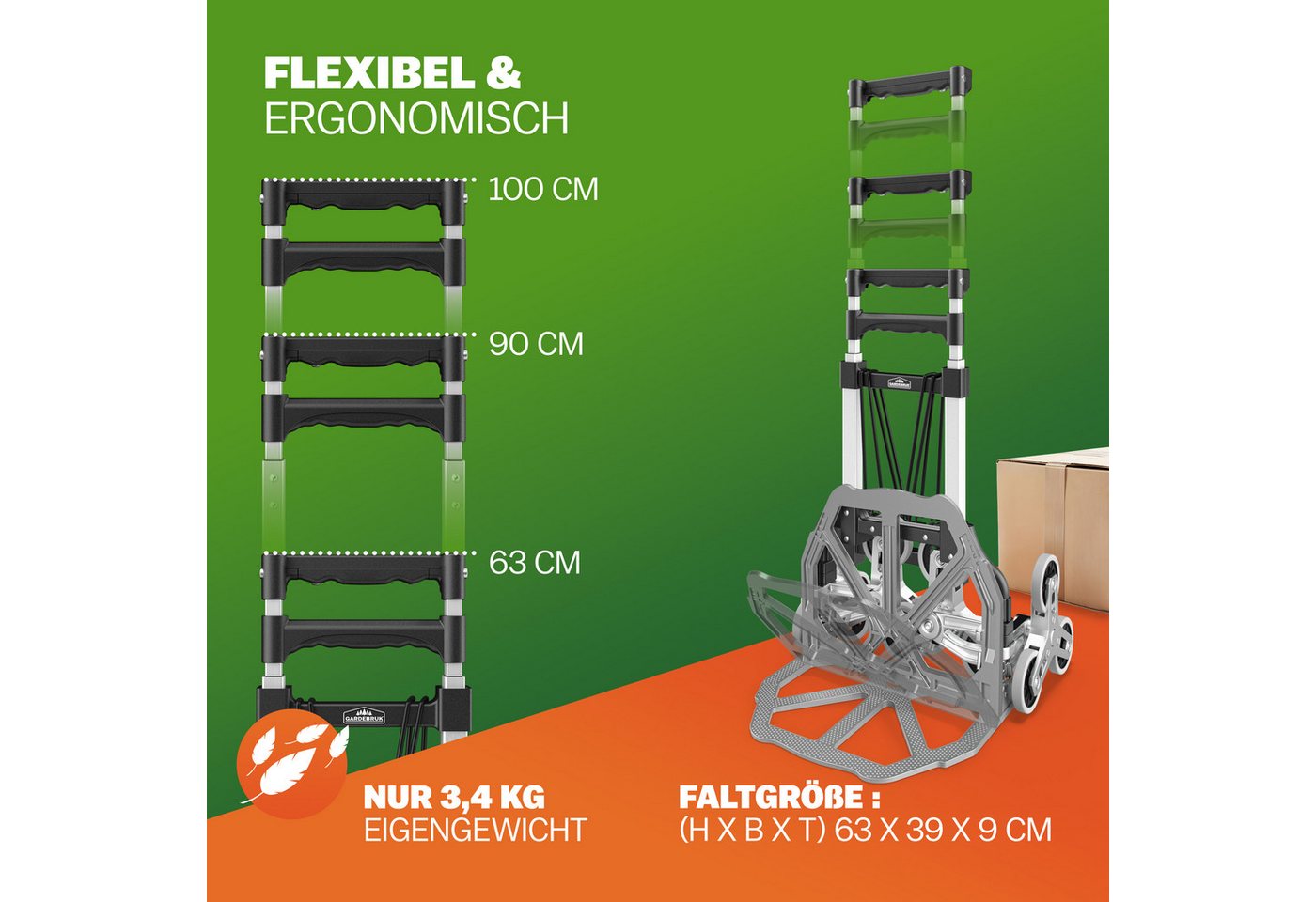 Gardebruk Sackkarre, Aluminium Treppenkarre klappbar 80 kg inkl. Handschuhe Transport – Bild 4 von 5