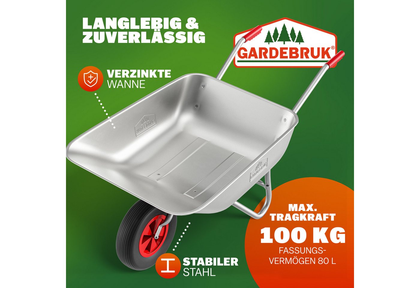 Gardebruk Schubkarre, Schubkarre Gartenkarre 80L verzinkt 80kg Bau Schiebkarre Luftreifen – Bild 2 von 5