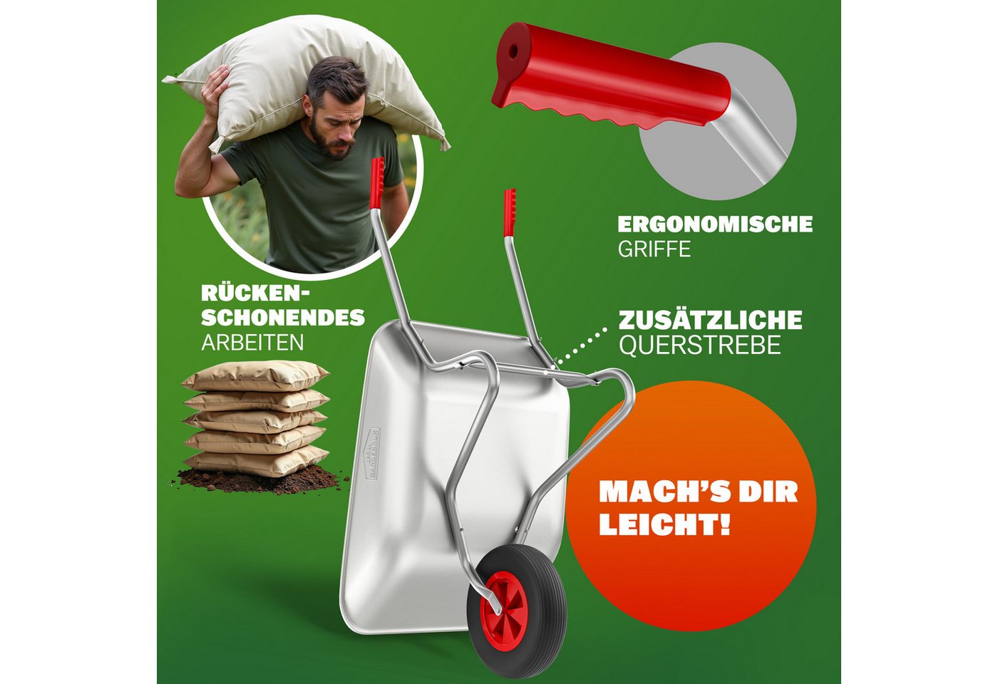 Gardebruk Schubkarre, Schubkarre Gartenkarre 80L verzinkt 80kg Bau Schiebkarre Luftreifen – Bild 3 von 5