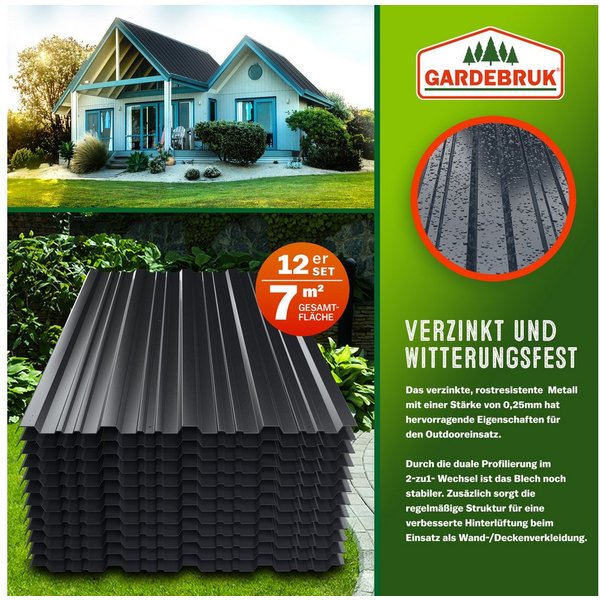 Gardebruk Wellplatte, 12x Trapezblech 129cm x 46cm = 7m² verzinkt Profilblech Dachblech
