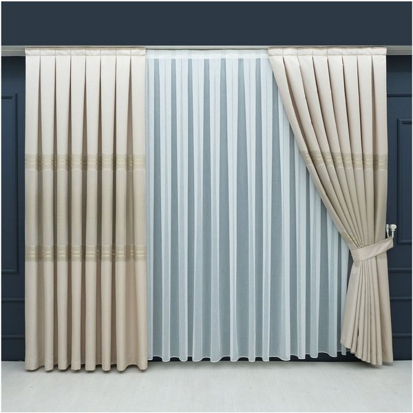 Gardinen by Justyna Vorhang Komplett-Set Vorhang Beige – Falten mit Store (5 St), Kräuselband, halbtransparent, Fertiggardine, Halbtransparent, Faltenband, Komp