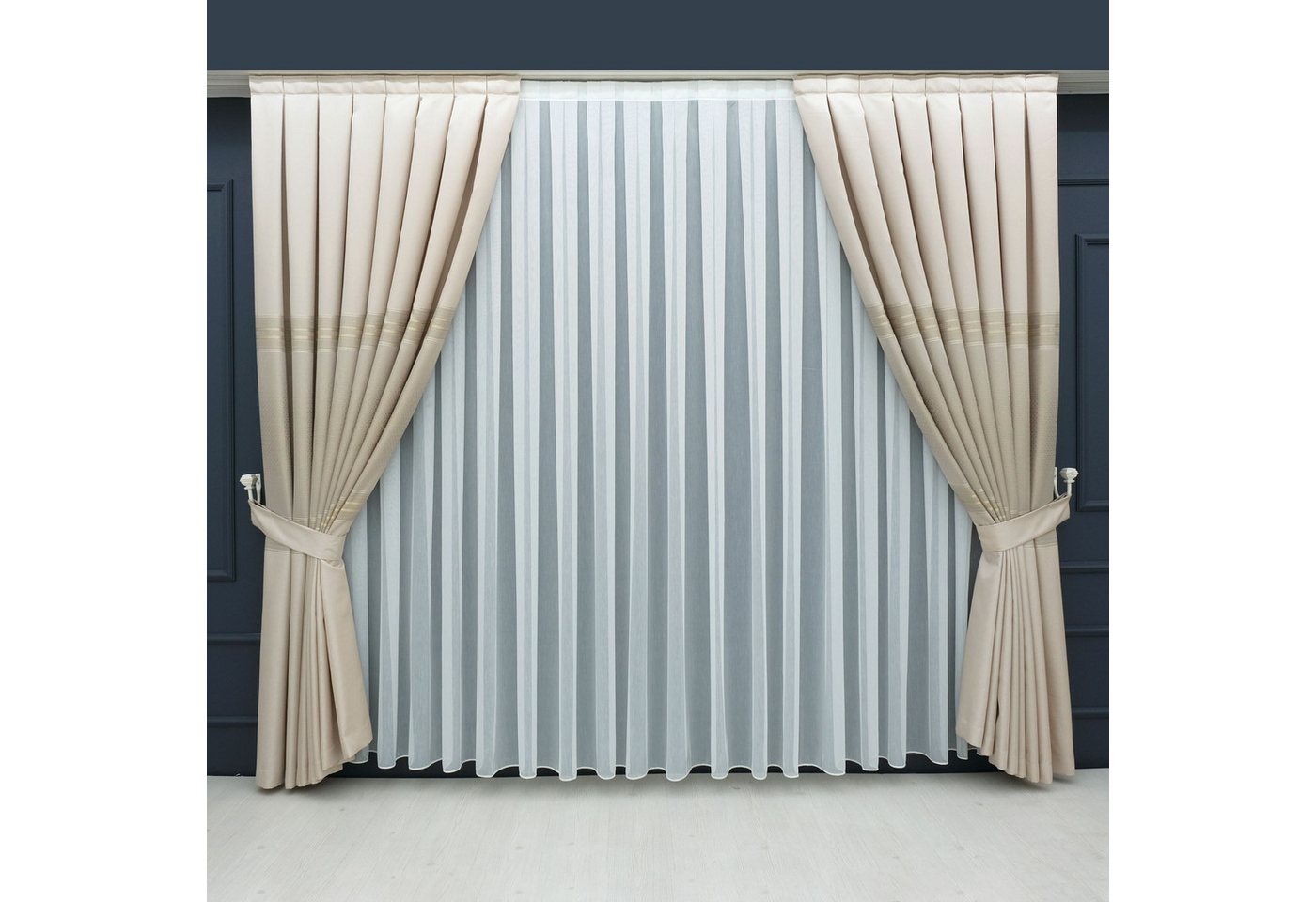 Gardinen by Justyna Vorhang Komplett-Set Vorhang Beige – Falten mit Store (5 St), Kräuselband, halbtransparent, Fertiggardine, Halbtransparent, Faltenband, Komp – Bild 2 von 5