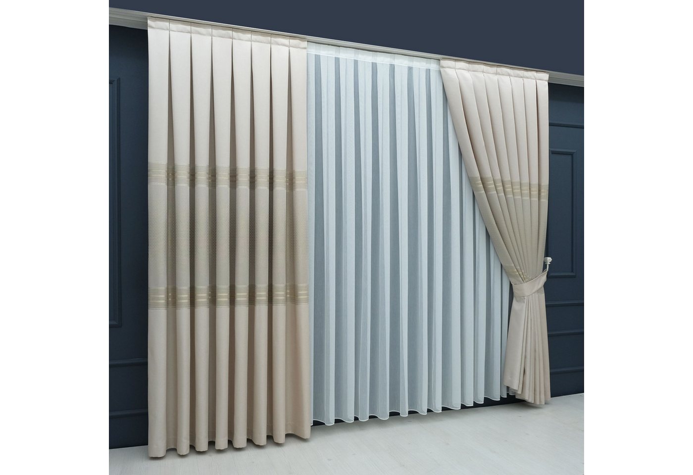 Gardinen by Justyna Vorhang Komplett-Set Vorhang Beige – Falten mit Store (5 St), Kräuselband, halbtransparent, Fertiggardine, Halbtransparent, Faltenband, Komp – Bild 3 von 5