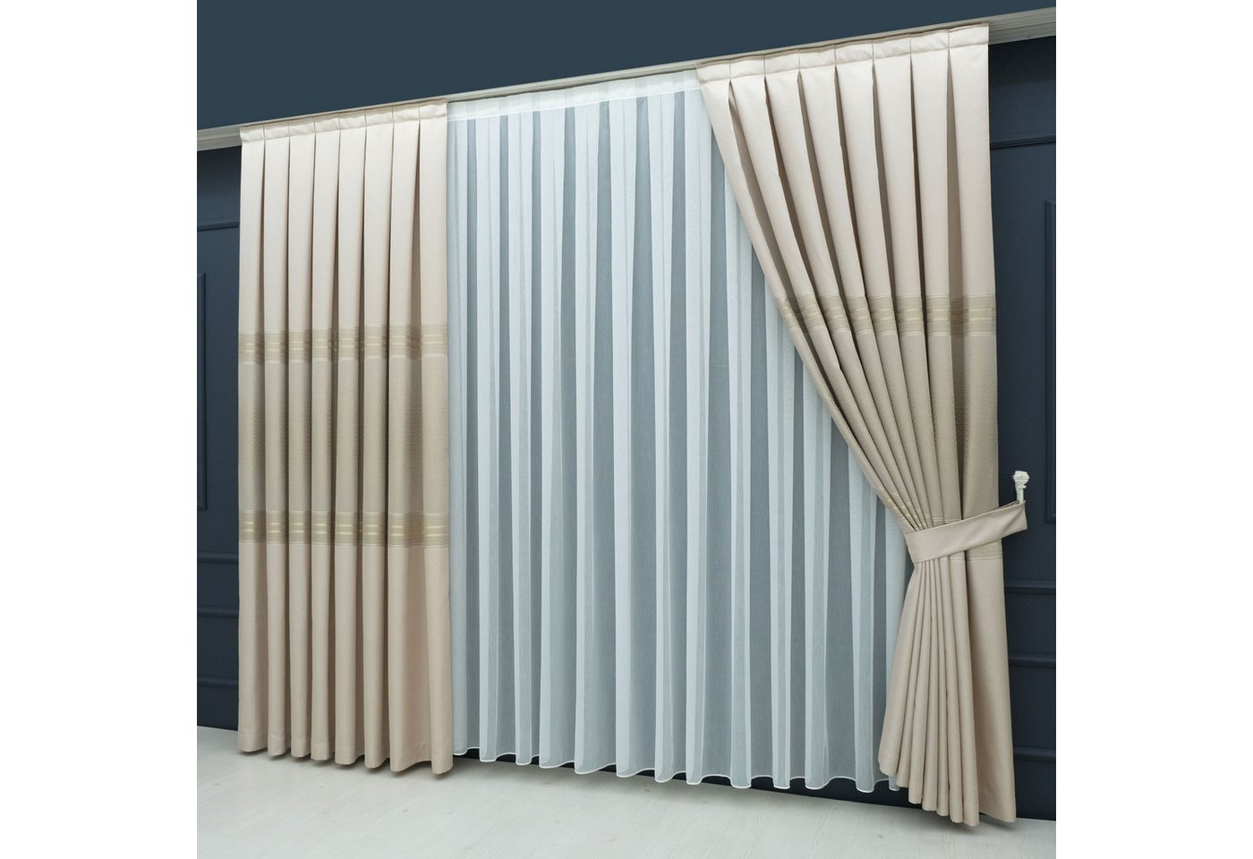 Gardinen by Justyna Vorhang Komplett-Set Vorhang Beige – Falten mit Store (5 St), Kräuselband, halbtransparent, Fertiggardine, Halbtransparent, Faltenband, Komp – Bild 4 von 5
