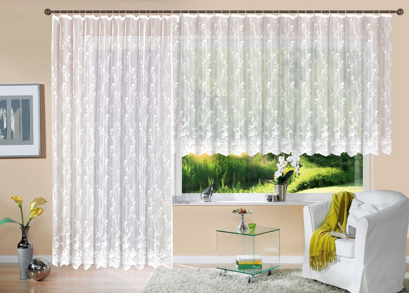 Gardinenbox Gardine (1 St), Kräuselband, transparent, Store Jacquard Mainz Universalband Blumenmuster 13144 – Bild 2 von 2