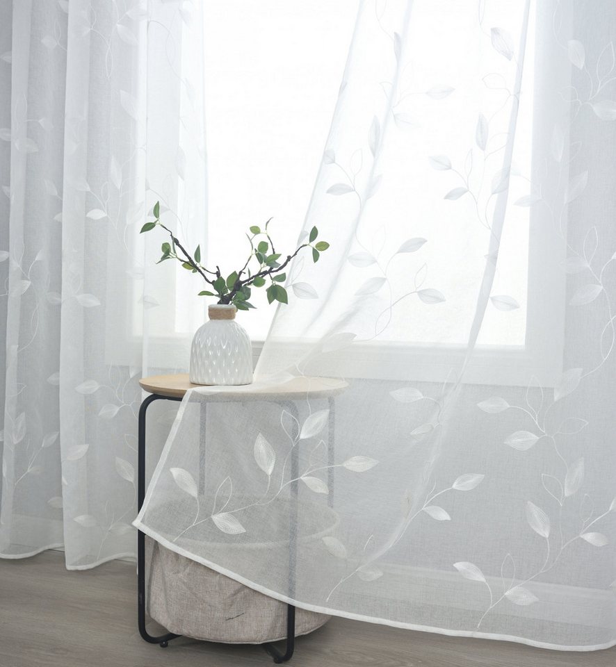 Gardinenbox Gardine (1 St), Ösen, transparent, Polyester, Leinenoptik Stickerei Blattmuster 2023495 – Bild 4 von 5