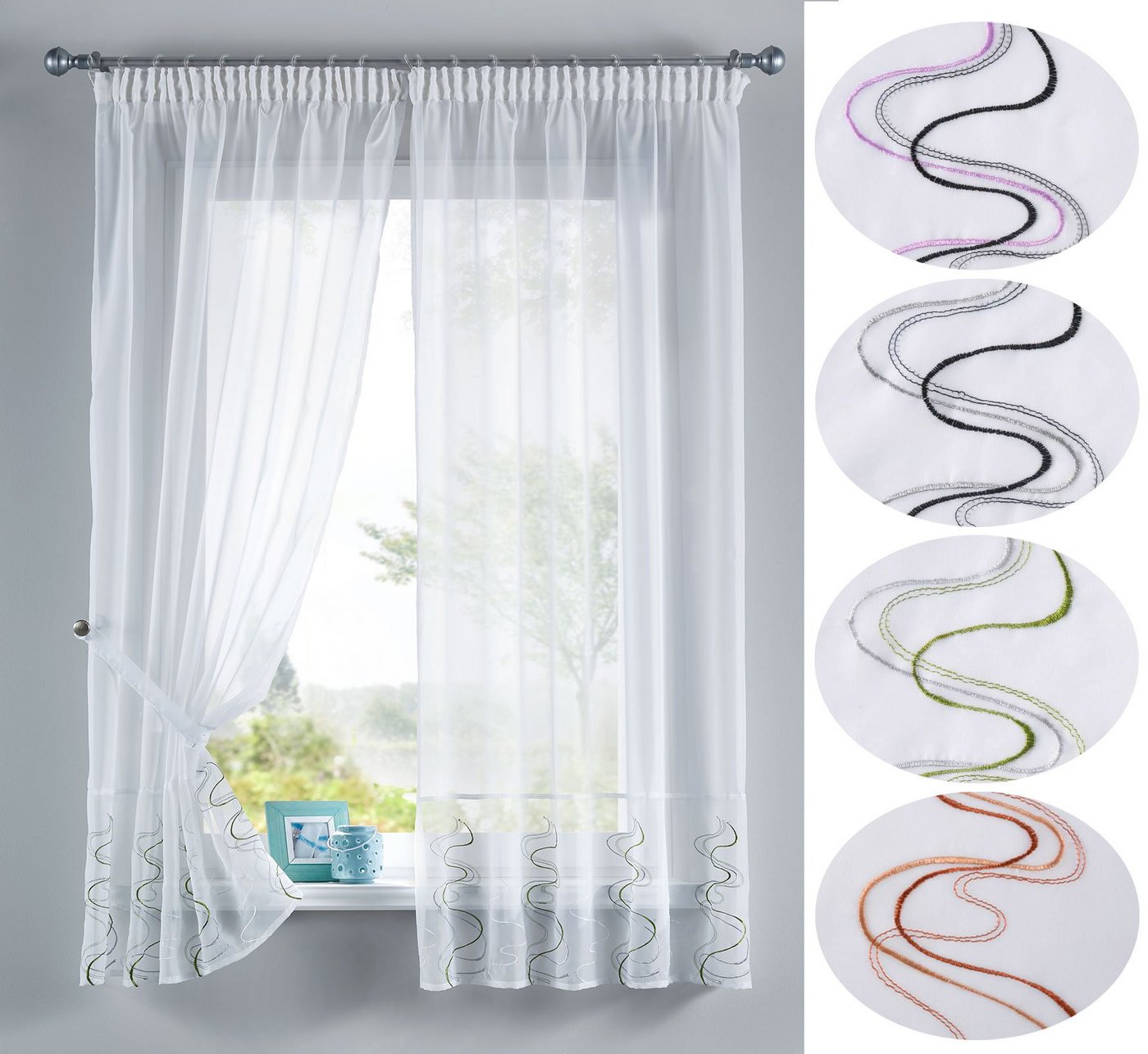 Gardinenbox Gardine (2 St), Stangendurchzug, transparent, WELLE Stickerei Gardinen Set 2 Tlg. Raffhalter Tunneldurchzug Gardinen – Bild 2 von 5
