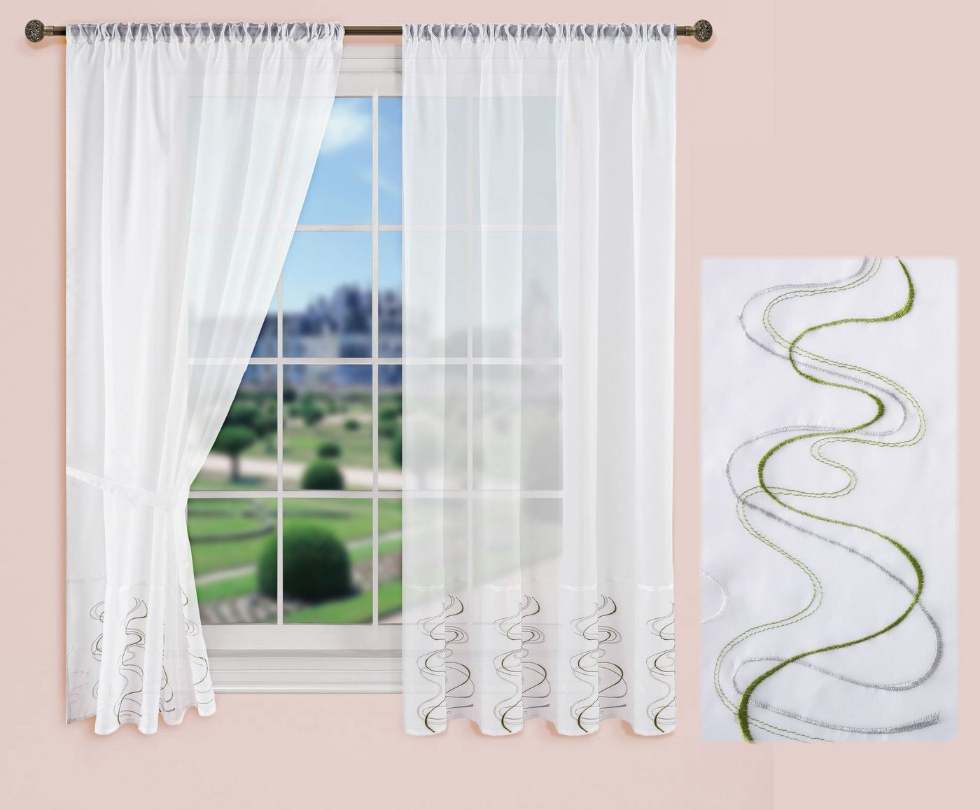 Gardinenbox Gardine (2 St), Stangendurchzug, transparent, WELLE Stickerei Gardinen Set 2 Tlg. Raffhalter Tunneldurchzug Gardinen – Bild 5 von 5