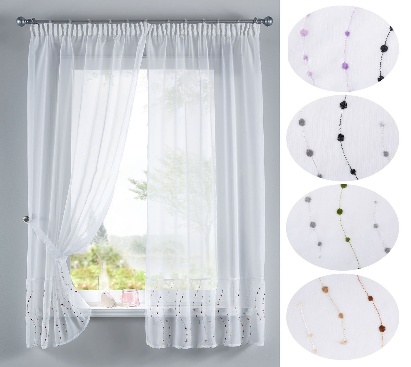 Gardinenbox Gardine (2 St), Stangendurchzug, transparent, Voile, PUNKT Stickerei Gardinen Set 2 Tlg. Raffhalter Tunneldurchzug Gardinen – Bild 2 von 5