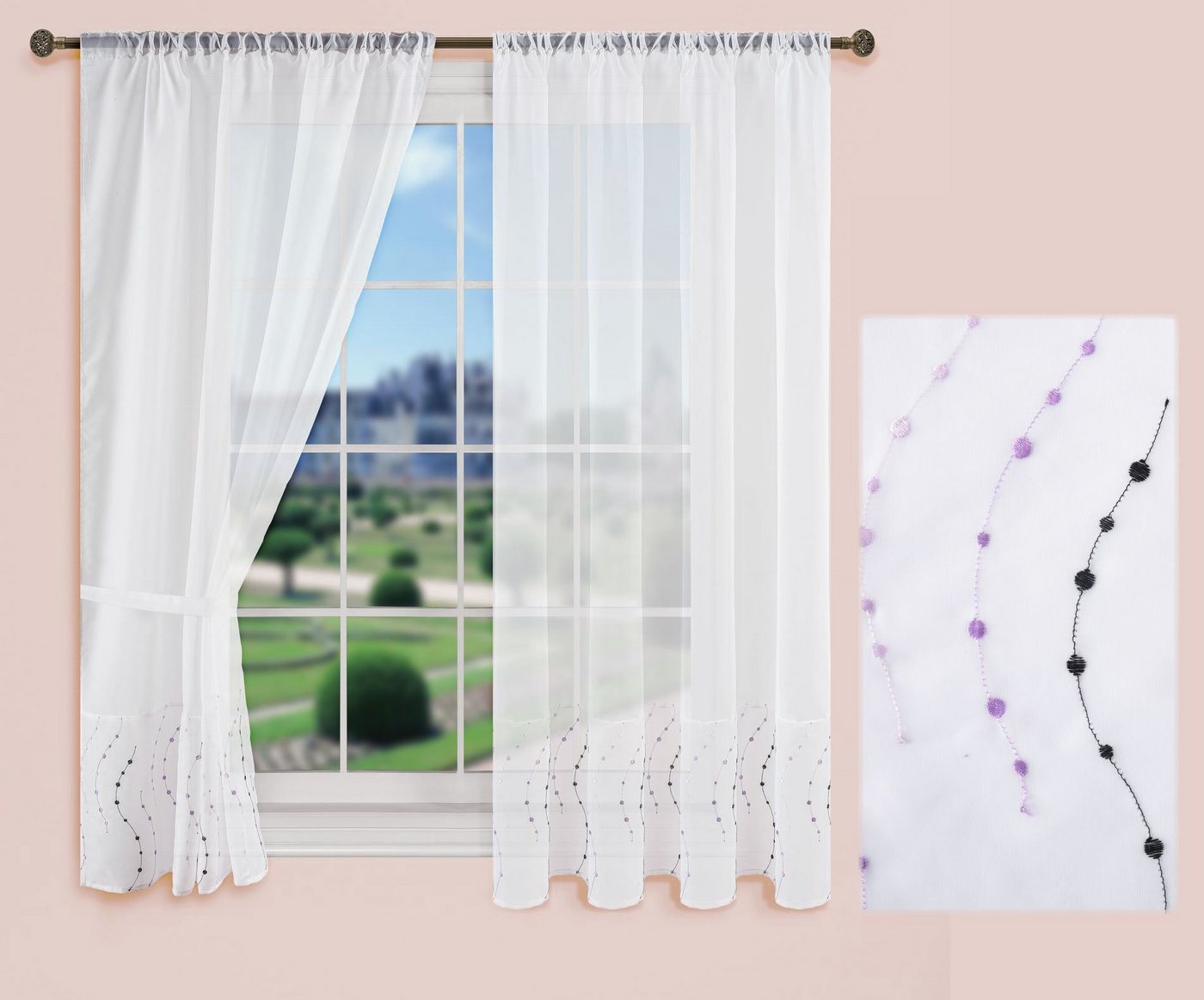 Gardinenbox Gardine (2 St), Stangendurchzug, transparent, Voile, PUNKT Stickerei Gardinen Set 2 Tlg. Raffhalter Tunneldurchzug Gardinen – Bild 5 von 5