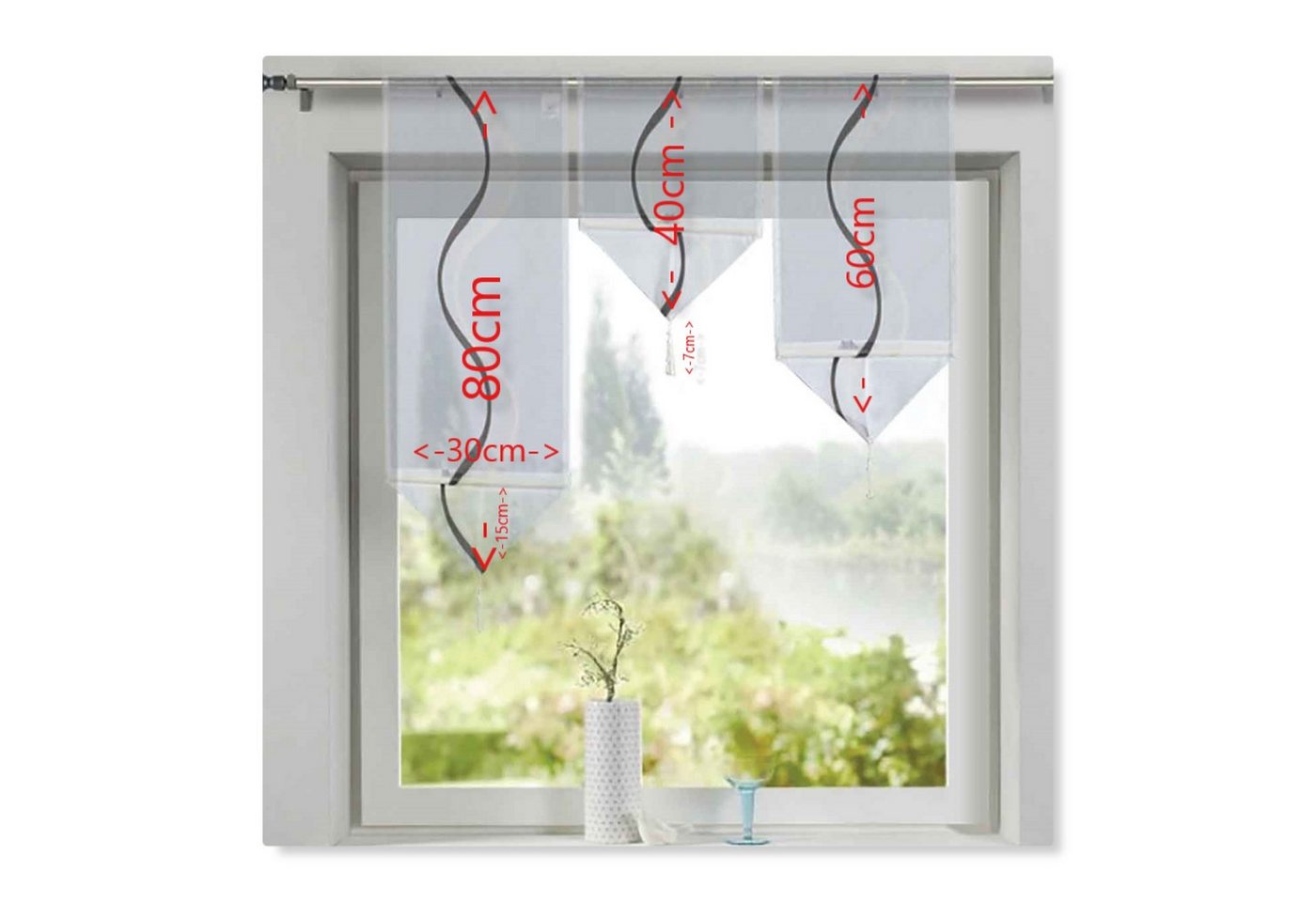 Gardinenbox Scheibengardine (3 St), Stangendurchzug, transparent, 3 er Set HxB 40-60-80x30 cm Dreieck Abschluß – Bild 2 von 3