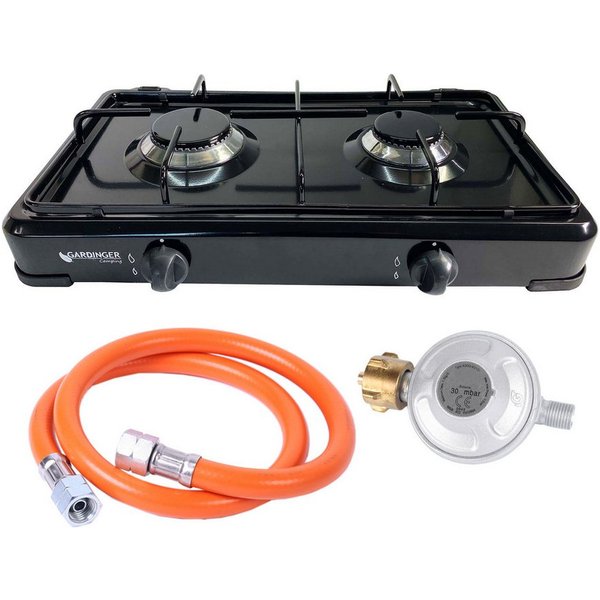 GARDINGER Taschenkocher Duo base Campingkocher schwarz zweiflammig Schlauchreglerset 30 mbar, (Set, 3-St), Alugussbrenner, zweiflammig, 2,00 kW / 1,5 kW