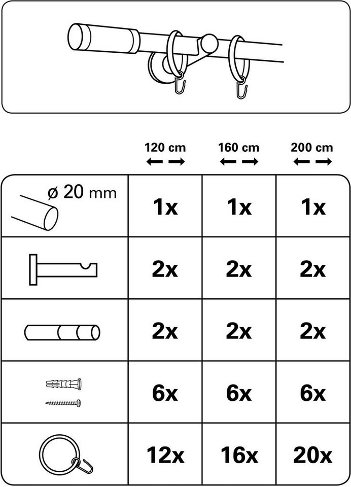 GARDINIA Gardinenstange Set Metall, Ø 20 mm, 1-läufig, Fixmaß, mit Bohren, verschraubt, Metall, 1-Lauf – Bild 3 von 4