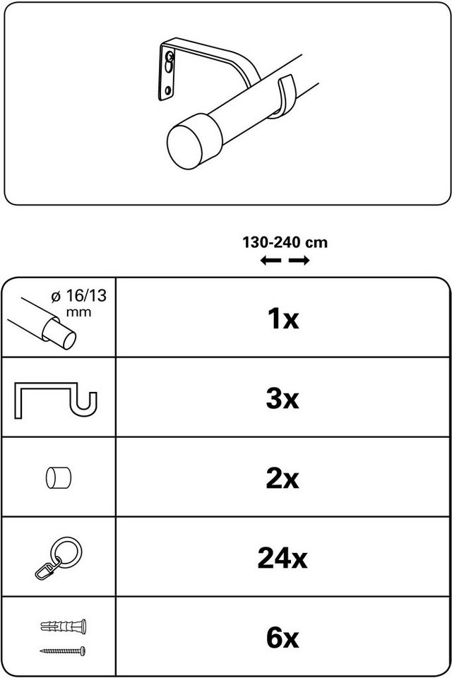 GARDINIA Gardinenstange Set Metall, Ø 16 mm, 1-läufig, ausziehbar, mit Bohren, verschraubt, 1-Lauf – Bild 2 von 3
