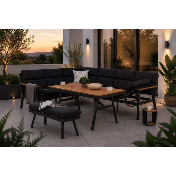Gardissimo Gartenlounge-Set Nara links / Gartenmöbelset / Dining Eck Lounge Set, (Spar-Set, 3-tlg., Alu, Ecklounge, Esstisch, Bank, inkl. Auflagen), Liegefunkti