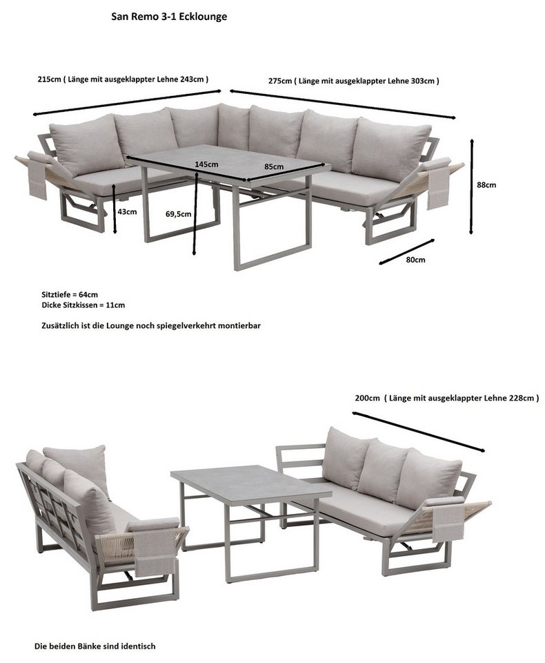 Gardissimo Gartenlounge-Set San Remo hell Dining Eck Lounge Set mit hohen Tisch, (Spar-Set, 3-tlg., Lounge Set mit hohen Tisch), mit stufenlos verstellbaren Arm – Bild 3 von 5
