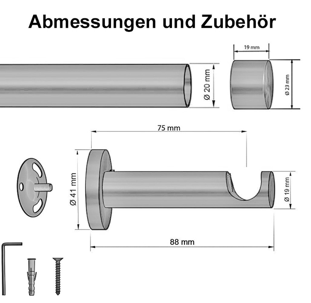 Garduna Gardinenstange Ø 20mm / 1- oder 2-Lauf, 1-läufig, kürzbar, Metall, 2-lauf 1-lauf, Gardinenstange komplett, hochwertig, Fixmaß, 20mm – Bild 3 von 5