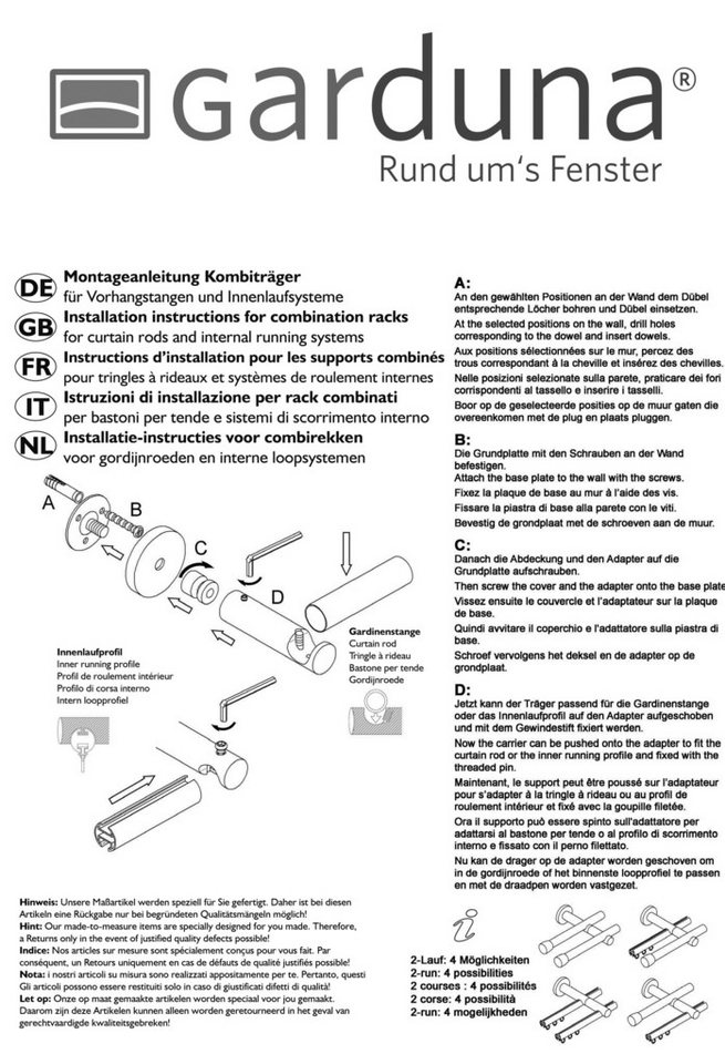 Garduna Gardinenstange Ø 20mm / 1- oder 2-Lauf, 1-läufig, kürzbar, Metall, 2-lauf 1-lauf, Gardinenstange komplett, hochwertig, Fixmaß, 20mm – Bild 4 von 5