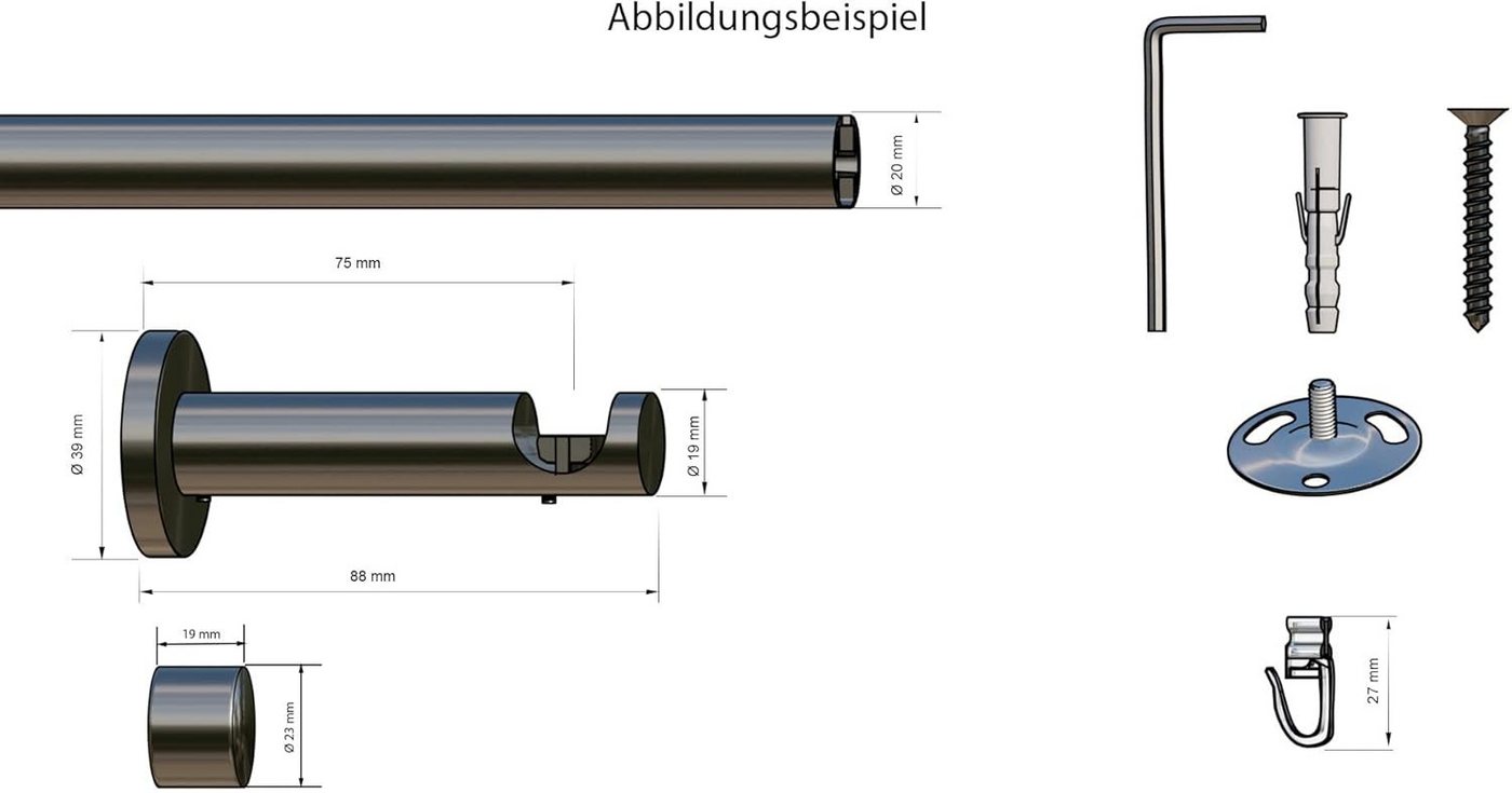 Garduna Gardinenstange Innenlauf System, Ø 20mm, mit X-Gleiter, kürzbar, Metall, 1-lauf, Innenlauf, komplett, hochwertig, Fixmaß, 20mm Vorhanstange – Bild 4 von 5