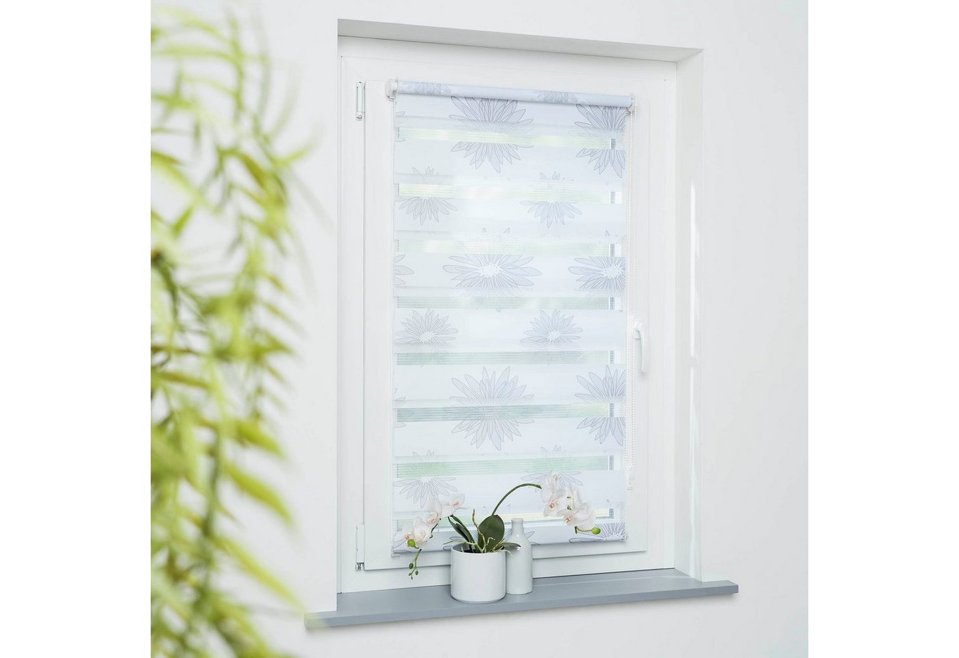 Doppelrollo Blüte, GARESA, Lichtschutz, ohne Bohren, freihängend, Klemmfix, dekorativ, bedruckt – Bild 2 von 5