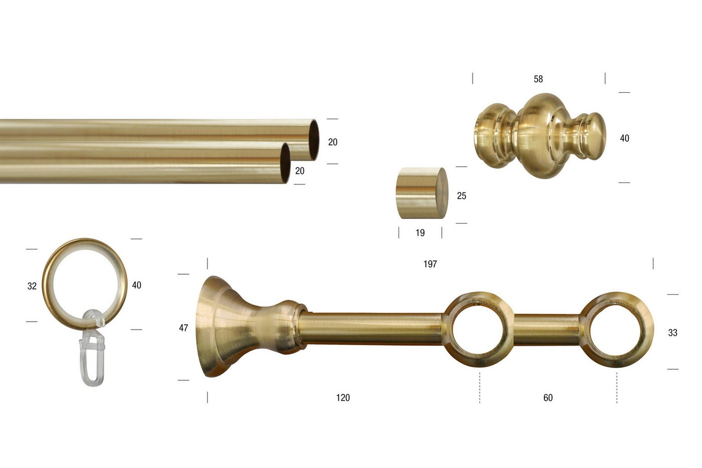 GARESA Gardinenstange ANDREA, Ø 20 mm, 2-läufig, Wunschmaßlänge, verschraubt, Metall, Vorhanggarnitur, verlängerbar, Endknopf Profil groß, mit Ringen – Bild 3 von 4