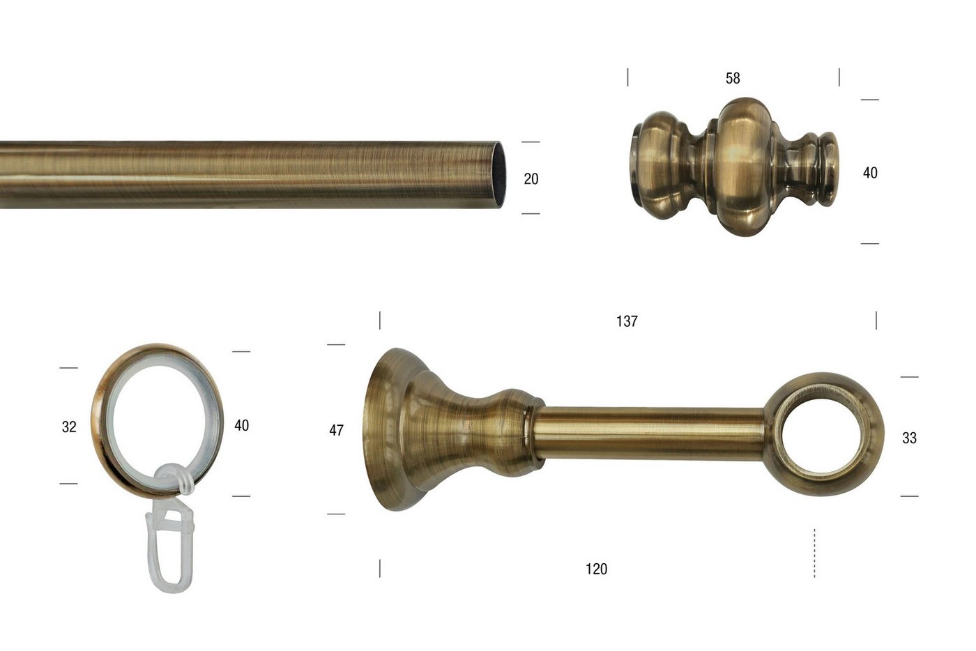 GARESA Gardinenstange ANDREA, Ø 20 mm, 1-läufig, Wunschmaßlänge, verschraubt, Metall, Vorhanggarnitur, verlängerbar, Endknopf Profil groß, mit Ringen – Bild 3 von 4