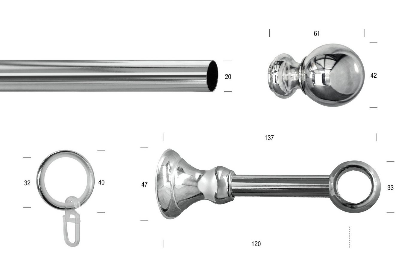GARESA Gardinenstange ANDREA, Ø 20 mm, 1-läufig, Wunschmaßlänge, verschraubt, Metall, Vorhanggarnitur, verlängerbar, Endknopf Kugel lang, mit Ringen – Bild 3 von 4