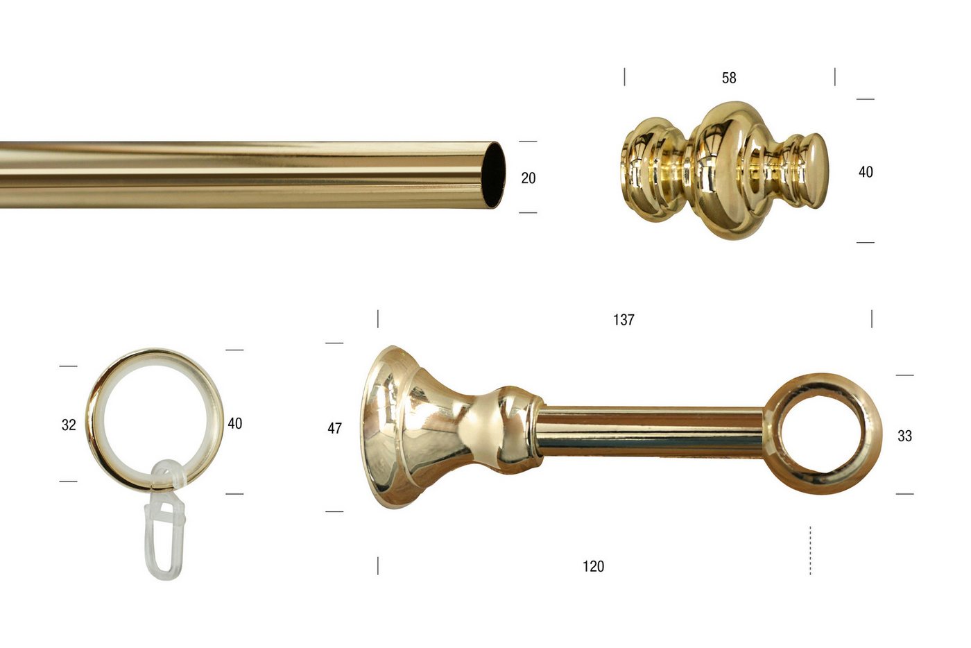 GARESA Gardinenstange ANDREA, Ø 20 mm, 1-läufig, Wunschmaßlänge, verschraubt, Metall, Vorhanggarnitur, verlängerbar, Endknopf Profil groß, mit Ringen – Bild 3 von 4