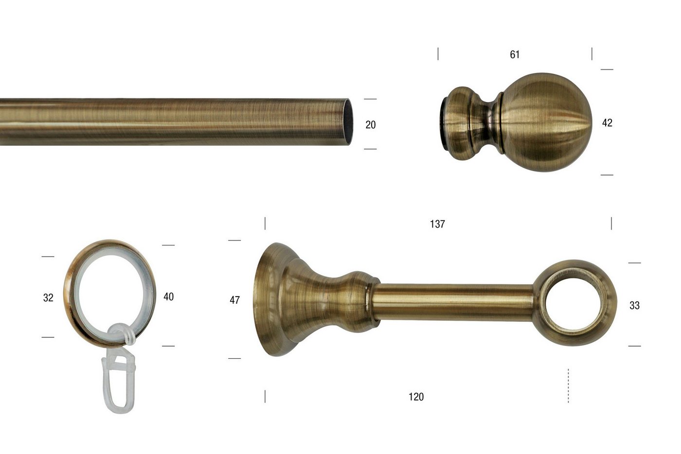 GARESA Gardinenstange ANDREA, Ø 20 mm, 1-läufig, Wunschmaßlänge, verschraubt, Metall, Vorhanggarnitur, verlängerbar, Endknopf Kugel lang, mit Ringen – Bild 3 von 4