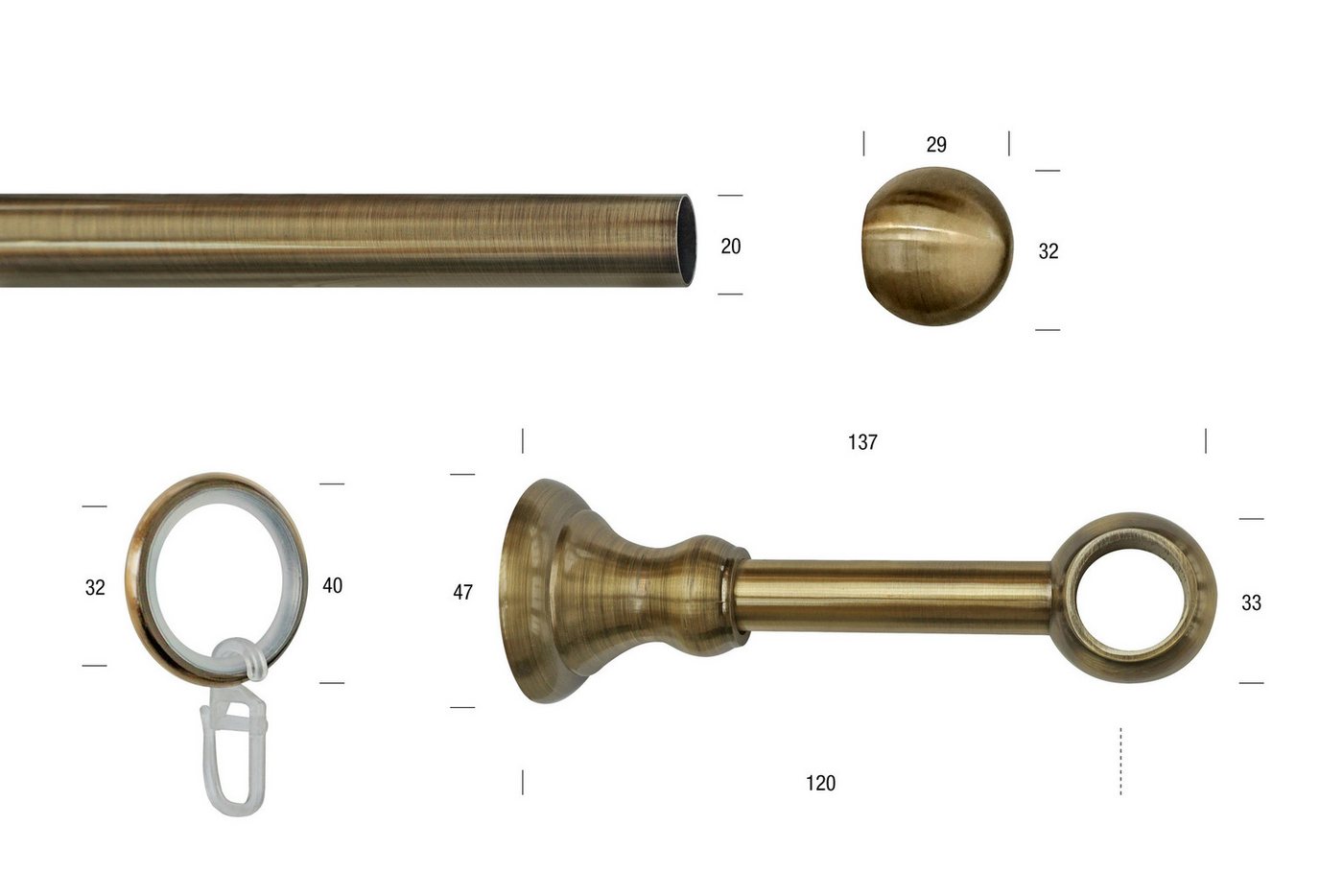 GARESA Gardinenstange ANDREA, Ø 20 mm, 1-läufig, Wunschmaßlänge, verschraubt, Metall, Vorhanggarnitur, verlängerbar, Endknopf Kugel kurz, mit Ringen – Bild 3 von 4