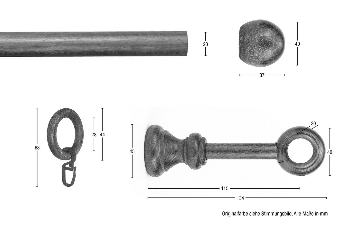 GARESA Gardinenstange BAROCK, Ø 20 mm, 1-läufig, Wunschmaßlänge, mit Bohren, verschraubt, Holzwerkstoff, Vorhanggarnitur, reine Holzgarnitur, verlängerbar, mit  – Bild 3 von 5