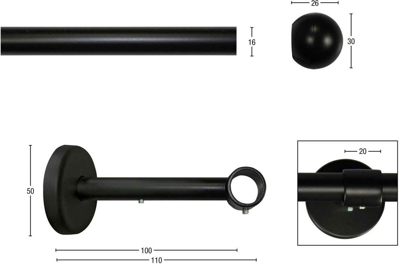 GARESA Gardinenstange BOLTI, Ø 16 mm, 1-läufig, Wunschmaßlänge, mit Bohren, verschraubt, Metall, Vorhanggarnitur, verlängerbar, Wandmontage, ohne Ringe – Bild 3 von 5
