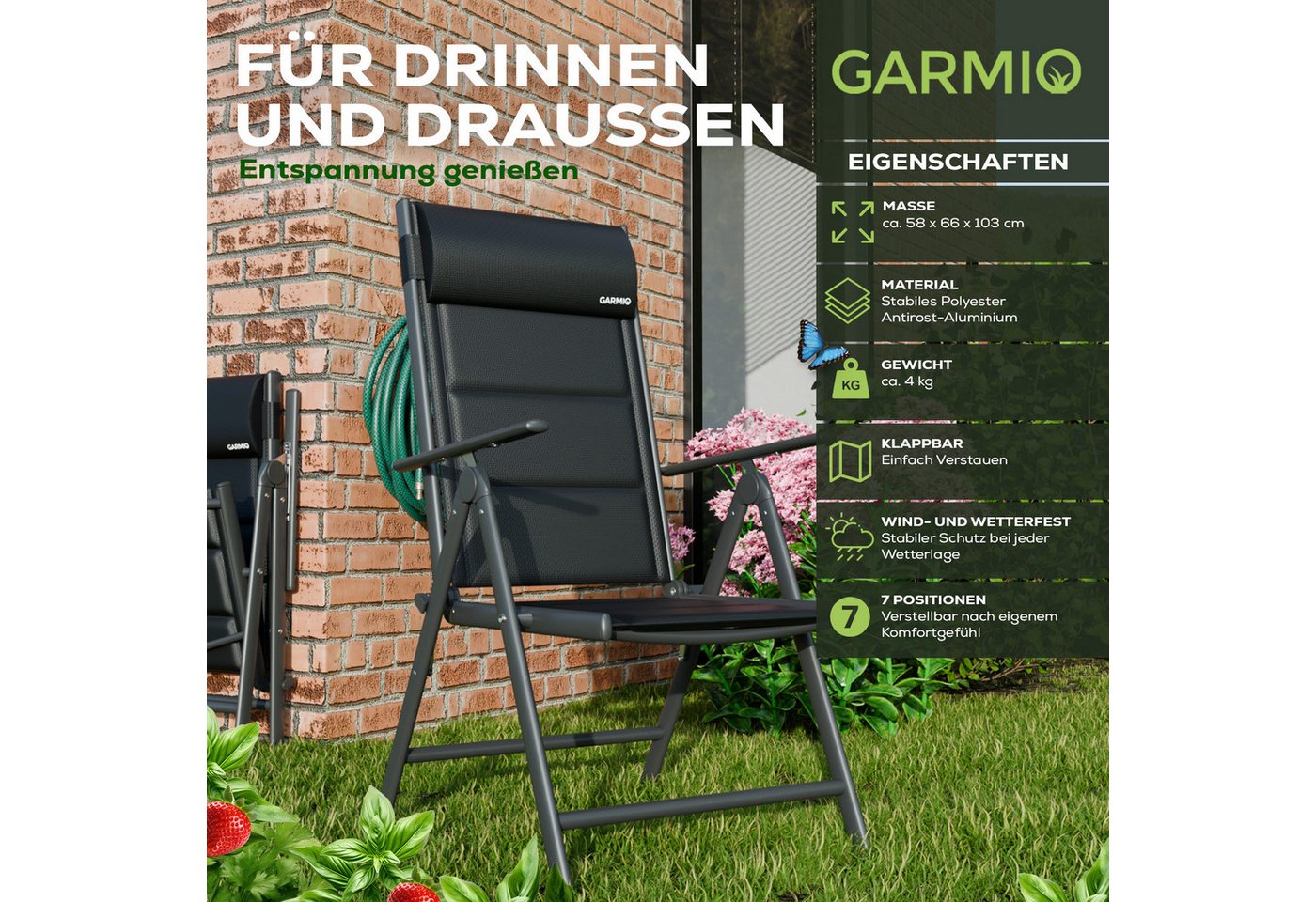 GARMIO Eckdusche Gartenstuhl FLORENZ, robustes Aluminiumgestell für Garten, 7-fach verstellbar, klappbar, inkl. Nackenkissen, für Terrasse – Bild 2 von 5