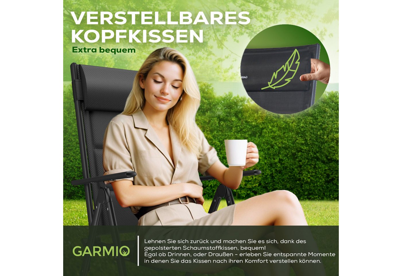 GARMIO Eckdusche Gartenstuhl FLORENZ, robustes Aluminiumgestell für Garten, 7-fach verstellbar, klappbar, inkl. Nackenkissen, für Terrasse – Bild 3 von 5