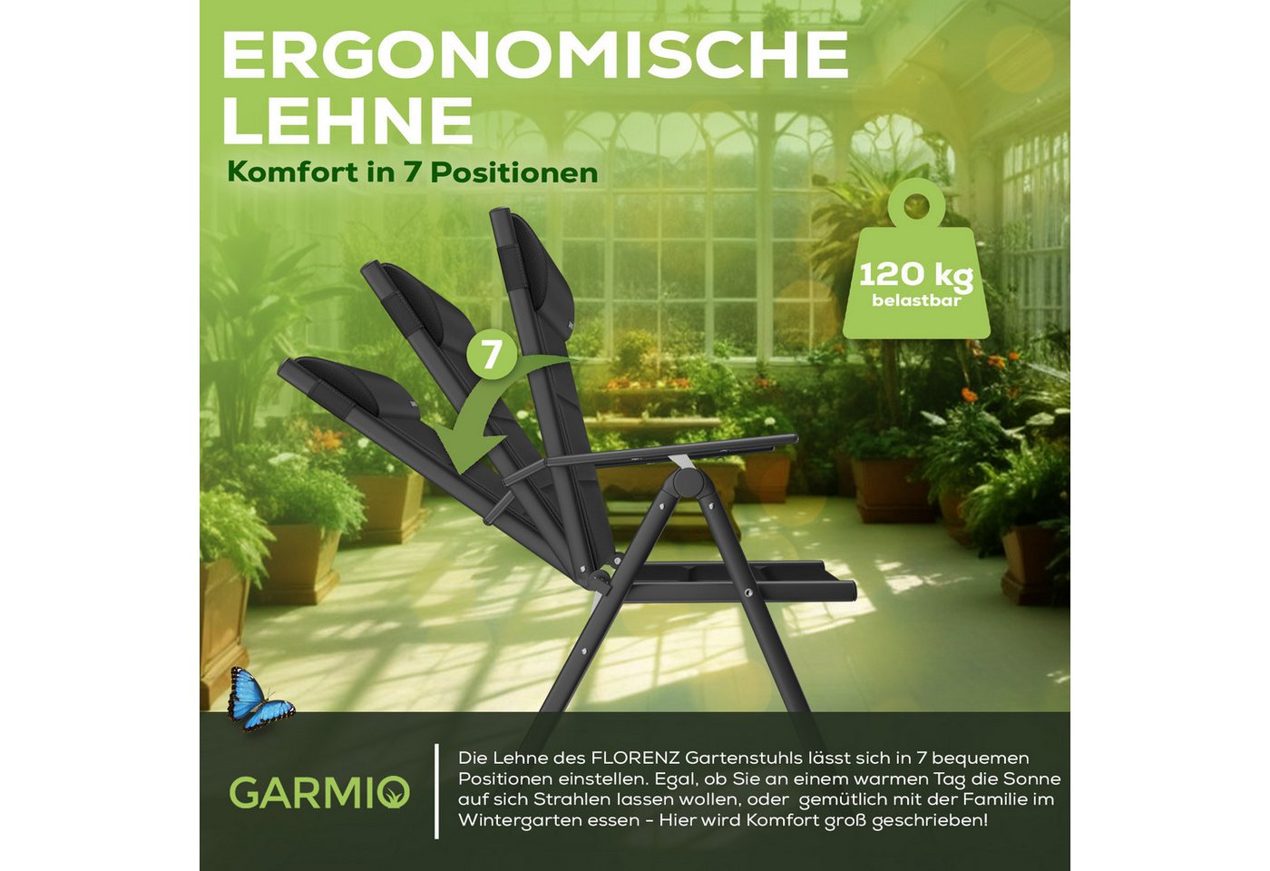 GARMIO Eckdusche Gartenstuhl FLORENZ, robustes Aluminiumgestell für Garten, 7-fach verstellbar, klappbar, inkl. Nackenkissen, für Terrasse – Bild 4 von 5