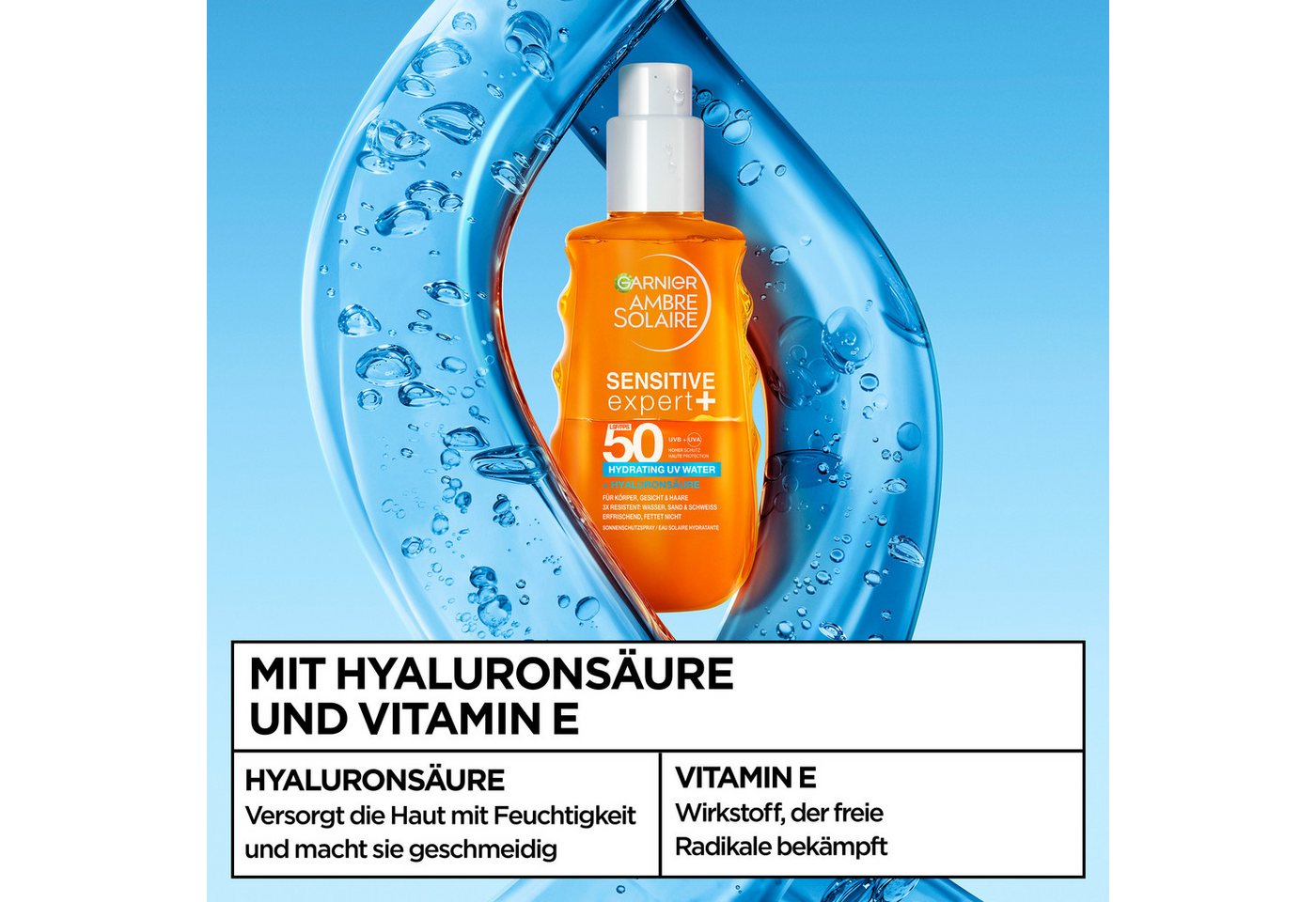 GARNIER Sonnenschutzspray AMBRE SOLAIRE SENSITIVE EXPERT + HYDRATING UV WATER LSF 50, mit LSF 50, für Körper, Gesicht und Haare geeignet – Bild 2 von 5