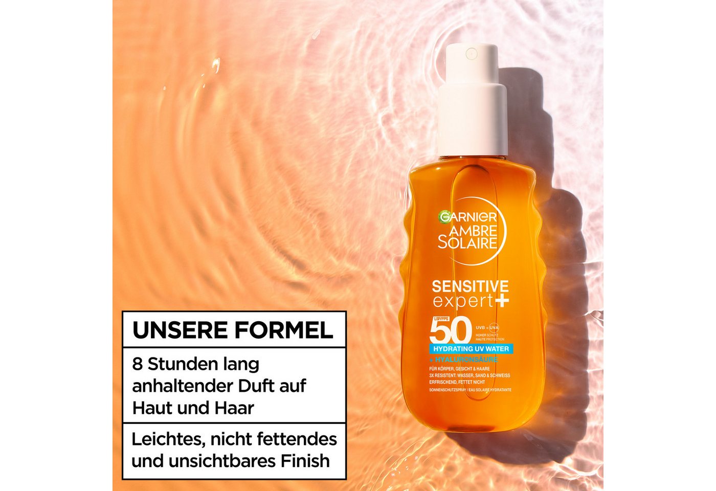 GARNIER Sonnenschutzspray AMBRE SOLAIRE SENSITIVE EXPERT + HYDRATING UV WATER LSF 50, mit LSF 50, für Körper, Gesicht und Haare geeignet – Bild 3 von 5
