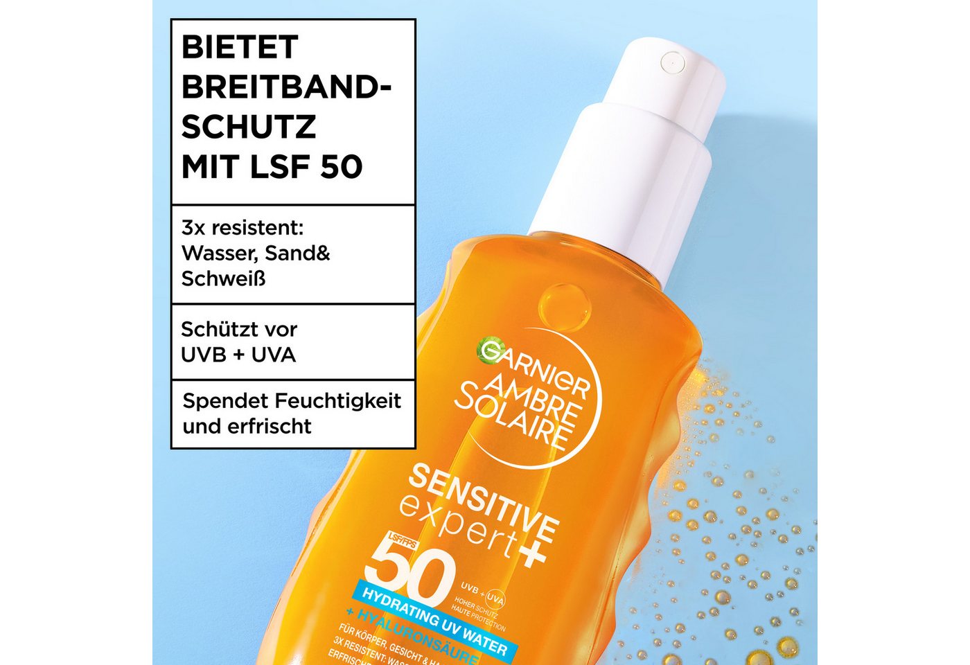 GARNIER Sonnenschutzspray AMBRE SOLAIRE SENSITIVE EXPERT + HYDRATING UV WATER LSF 50, mit LSF 50, für Körper, Gesicht und Haare geeignet – Bild 4 von 5