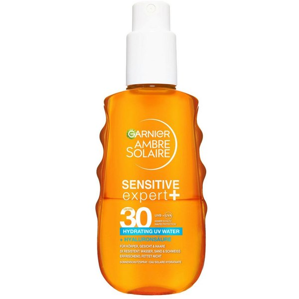 GARNIER Sonnenschutzspray AMBRE SOLAIRE SENSITIVE EXPERT+ LSF 30, mit Hyaluronsäure, für Körper, Gesicht und Haare geeignet